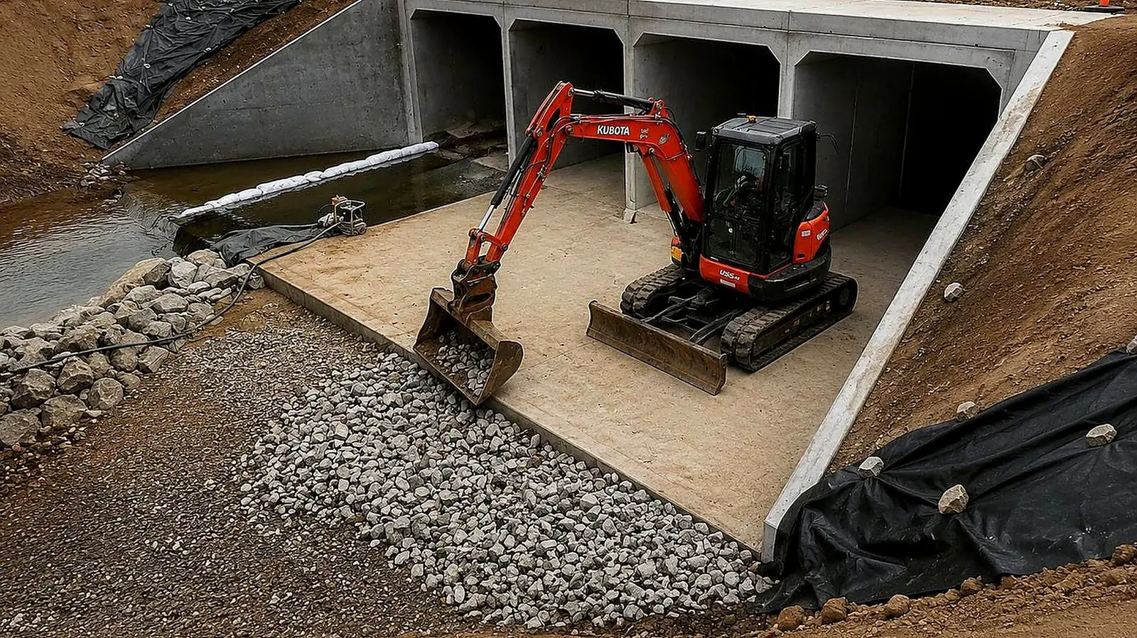 AreeCivil Constructions box culvert excavation Kubota excavator placing rock at a three-cell box culvert during civil construction — detailed excavation on a South East Queensland site